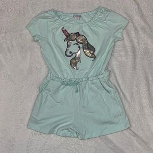 Girls Mint Sequined Unicorn Romper, Size 4.